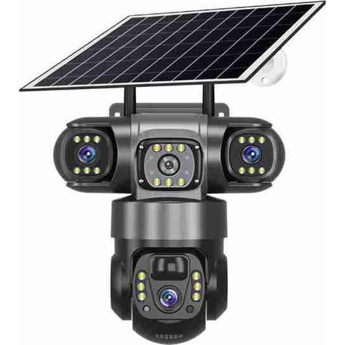 4G solar CCTV security camera sold in Uganda with 3 lenses, dual screen, PIR human detection and colour night vision